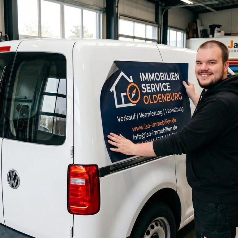 Ein Mitarbeiter vollfoliert einen Transporter in der Werkstatt