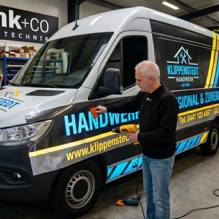 Ein Mitarbeiter vollfoliert einen Transporter in der Werkstatt