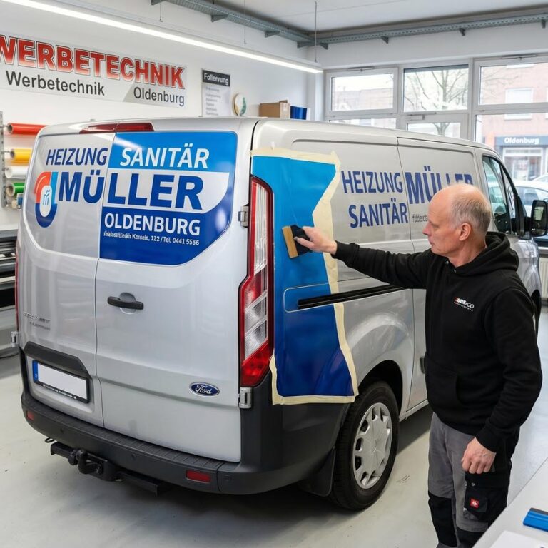 Ein Mitarbeiter teilbeschriftet einen Transporter in der Werkstatt