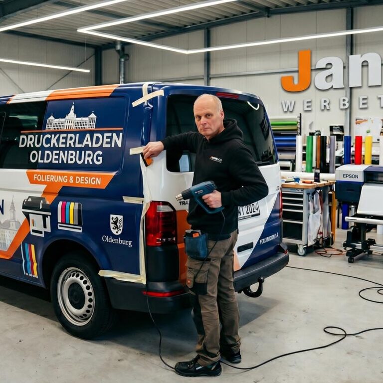 Ein Mitarbeiter vollfoliert einen Transporter in der Werkstatt